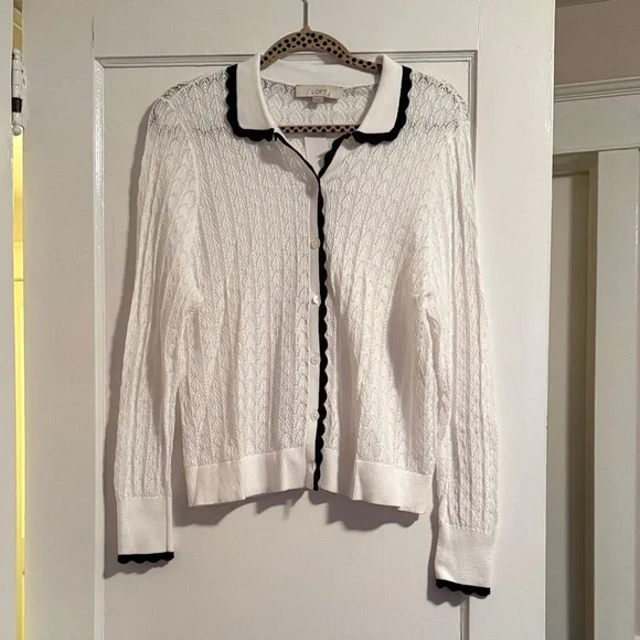 LOFT White Cardigan with Black Accents - Picture 1 of 4